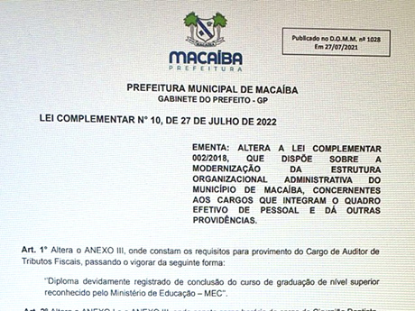 Macaíba publica lei complementar para adequar os salários de dentistas e auxiliares à lei 3.999/61