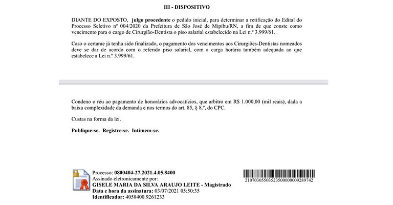 Justiça Federal do RN manda prefeitura de São José do Mipibu pagar 3 salários mínimos para 20 horas no Processo Seletivo dos dentistas