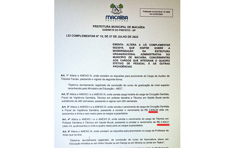 Macaíba publica lei complementar para adequar os salários de dentistas e auxiliares à lei 3.999/61