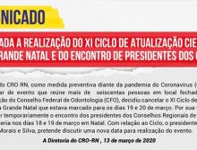 Coronavírus: diretoria do CRO-RN cancela XI Ciclo de Atualização Científica da Grande Natal