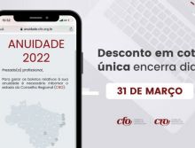 Anuidade 2022: pagamento com desconto em cota única encerra dia 31 de março